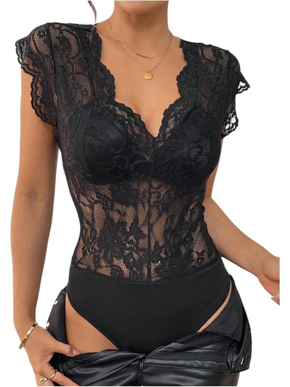 Lace Bodysuit for Women | Deep V Neck Sheer Mesh Top | Elegant Party Wear